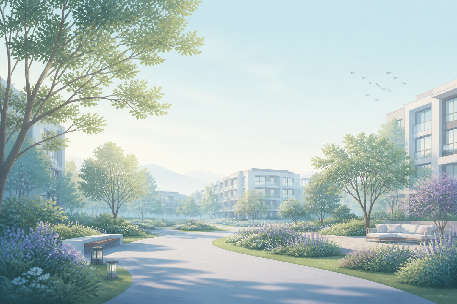 业主生活场景插画：社区庭院与归家路径
